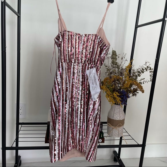 $298 BCBGMAXAZRIA Striped Sequin Wrap Mini Dress - Picture 3 of 4
